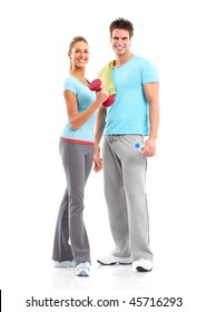 Fitness. Smiling young  strong man and woman. Isolated over white background