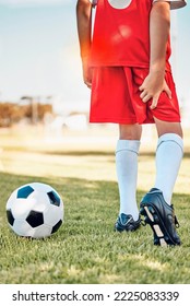 Fitness, Soccer Kid Or Hamstring Pain On Soccer Field For Workout Exercise, Training Or Football Training Match. Health, Wellness Or Injured Soccer Player For Muscle Injury, Leg Or Medical Emergency