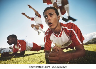 Fitness, soccer and team workout on field, jumping and plank exercise practice before game. Sports, football and future professional players on grass together, training and motivation for young men. - Powered by Shutterstock