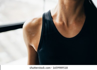 Fitness, Sport And Active Lifestyle. Motivation. Intensive Work Out. Sweaty Muscular Body Of Sporty Woman, Close Up