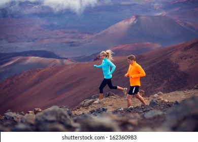 Fitness Sport Couple Running Jogging Outside On Trail