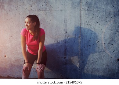 Fitness Sport Girl Resting After Intensive Evening Run, Young Attractive Runner Taking Break After Jogging Outdoors, Female Jogger In Bright Sportswear Smiling Looking Away, Advertising For Sports