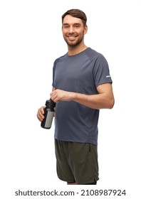 Fitness, Sport And Healthy Lifestyle Concept - Smiling Man In Sports Clothes With Bottle Over White Background