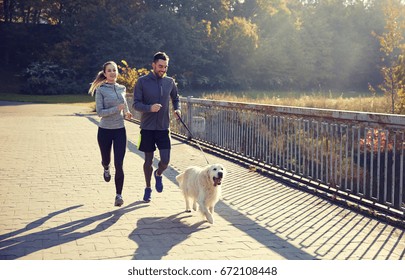 fitness, sport, people and jogging concept - happy couple with dog running outdoors - Shutterstock ID 672108448