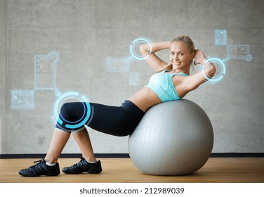 Fitness, Sport, Training, Future Technology And Lifestyle Concept - Smiling Woman With Exercise Ball In Gym Over Virtual Screen Projections