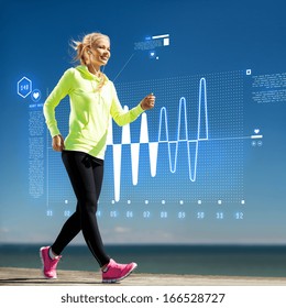 Fitness, Sport, Training, Technology And Lifestyle Concept - Woman Doing Sports Outdoors With Earphones