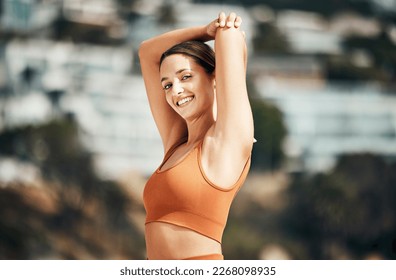 Fitness, stretching and portrait of woman in city for healthy lifestyle, wellness and exercise in nature. Sports, workout and happy girl stretch arms outdoors for cardio, yoga training and pilates - Powered by Shutterstock