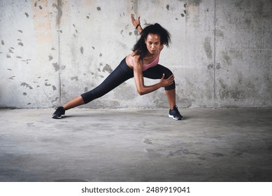 Fitness, stretching and portrait of woman at wall for sprint, intense exercise and commitment to sport. Female athlete, wellness or prepare for run for cardio, leg muscle development or determination - Powered by Shutterstock