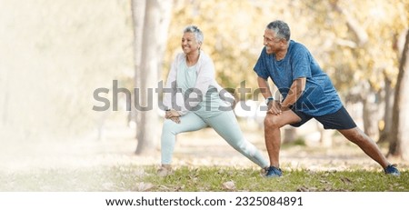 Fitness, stretching and senior couple in park for healthy body, wellness and active workout outdoors. Retirement, sports and man and woman stretch legs on grass for exercise, training and warm up
