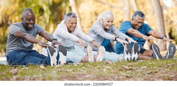 Fitness, stretching and senior people in park for healthy body, wellness and active workout outdoors. Retirement, sports and men and women stretch legs on grass for exercise, training and warm up - Powered by Shutterstock