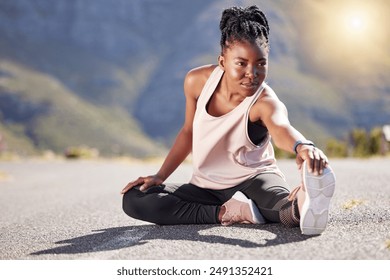 Fitness, stretching and thinking with black woman runner outdoor on road for start of exercise or training. Getting ready, sports and warm up with African person on street for cardio workout - Powered by Shutterstock