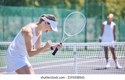 Fitness, success and fun with a winner tennis player celebrating a win at game, shouting with victory. Athletic female passionate about sport career, excited after playing against the competition - Powered by Shutterstock