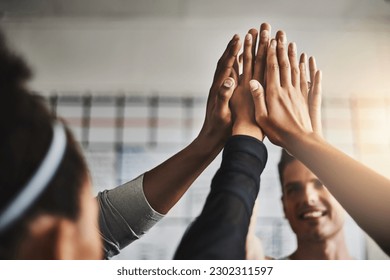 Fitness, success and high five of people in gym for motivation, support and target. Workout, exercise and training with hands of friends in sports center for team building, challenge and achievement - Powered by Shutterstock