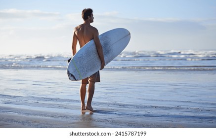 Fitness, surfing and back of man at a beach with surfboard for freedom, travel or sports outdoor. Ocean, training and male surfer at the sea for swimming, wellness or adventure, workout or holiday - Powered by Shutterstock