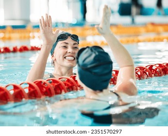 Fitness, swimmer and women with high five, celebration and achievement with workout, wellness and winning. Exercise, winner or champion in a pool, celebration or support with success, sports or smile - Powered by Shutterstock