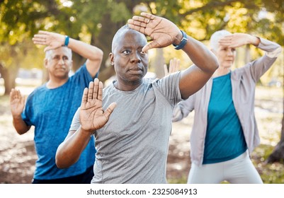 Fitness, tai chi and senior people in park for healthy body, wellness and active workout outdoors. Yoga, sports and men and women stretching in nature for exercise, training and pilates in retirement - Powered by Shutterstock