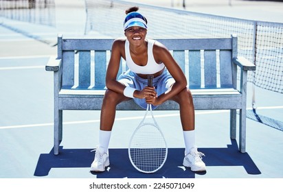 Fitness, tennis and portrait of a woman player sitting on the bench to rest after an outdoor match. Sports, training and healthy African female athlete practicing for a game, tournament or exercise. - Powered by Shutterstock