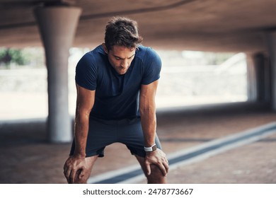 Fitness, tired and man with rest in outdoor for running challenge, exhausted or marathon training. Breathing, sports and male athlete with break for wellness, workout fatigue or cardio exercise - Powered by Shutterstock