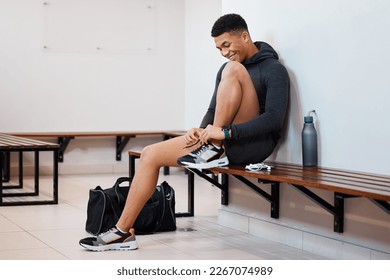 Fitness, tying shoes and black man in locker room for training, sports and gym workout. Exercise, health and start cardio with athlete and dressing sneakers for gear, wellness or ready for practice - Powered by Shutterstock