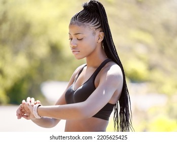 Fitness Watch, Active Woman And Exercise Outdoors On A Sunny Day For Running And Cardio Training While Checking Time Progress. Black Female Athlete Out For Run, Workout And Wellness Or Health Routine