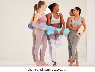 Fitness, Wellness Or Health Yoga Friends Bonding, Talking And Laughing In Sports Training, Pilates Workout Or Meditation Studio. Calm, Relax Or Happy Women In Diversity Zen Class In Holistic