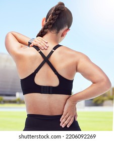 Fitness Woman Back Pain, Spine Injury And Neck Problems At Sports Training Stadium Outdoors. Athlete Fracture, Health Emergency And Scoliosis Risk From Exercise Workout, Body Stress And Muscle Bruise