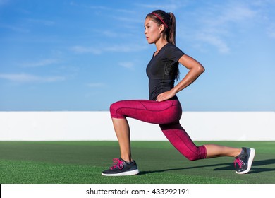 Fitness woman doing lunges exercises for glute and leg muscle workout training core muscles, balance, cardio and stability. Active girl doing front forward one leg step lunge exercise. - Powered by Shutterstock