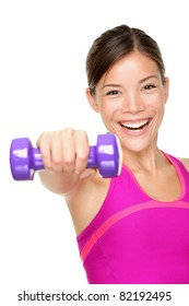 Fitness Woman. Fit Fitness Girl Smiling Happy Lifting Weights Looking Strength Training Shoulder Muscles. Caucasian Asian Fitness Model Isolated On White Background.