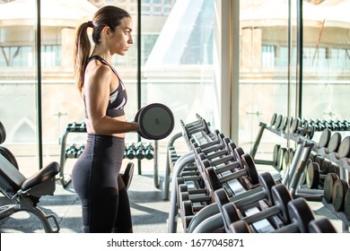 Fitness Woman Lifting Dumbbell While Standing In Front Of The Mirror At Gym