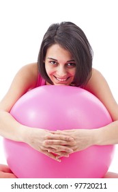 Fitness Woman On Pilates Ball - Healthy Lifestyle Photo, Isolated In White