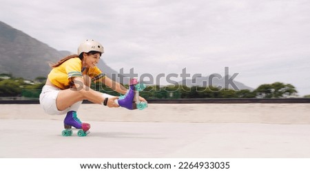 Fitness, woman and skater training, mockup and happiness with hobby, relax and active in park. Female athlete, girl and skateboarder practice technique, skills and happy with movements and routine