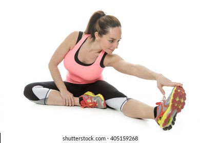 A Fitness Woman Stretching Full Body Over White Background.