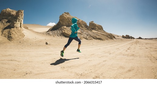 Fitness Woman Trail Runner Cross Country Running  On Desert