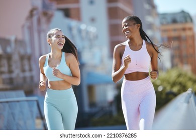 Fitness, Women And City Friends Running In Street On Summer Morning In Brazil. Health, Urban Exercise And Girl Time To Workout And Laugh, Black Woman And Best Friend Or Personal Trainer Run Together.