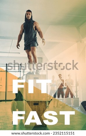 Fitness, workout overlay and gym message with man doing exercise and training with quote. Sport words, athlete and motivation for wellness, health and people with person trainer at cardio club