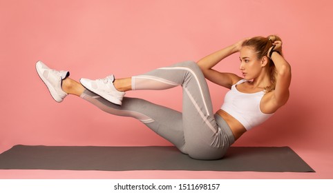 Fitness Workout. Young Woman Doing Bicycle Crunch Abs Exercise Over Pink Studio Background. Panorama - Shutterstock ID 1511698157
