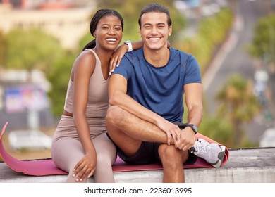 Fitness, yoga and portrait of couple in city on break after stretching, training or workout. Love, interracial couple and man and woman sitting outdoors on mat after pilates exercise for wellness. - Shutterstock ID 2236013995
