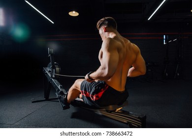 Fitness Young Man Using Rowing Machine In The Gym. Rower Bodybuilder Trains In The Loft Space. Torso In Shorts. Concentrated Motivation.