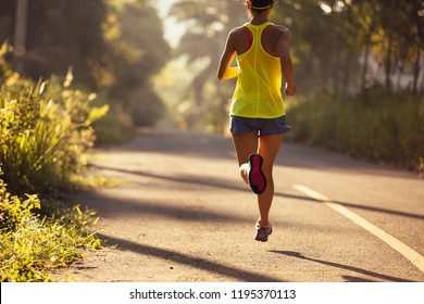 Fitness Young Woman Running On Morning Tropical Forest Trail