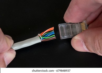 Fitting An RJ45 Plug To The End Of An Ethernet Cable.