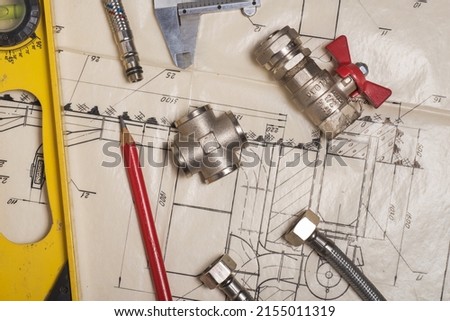 fittings and valves, pipes and adapters. Plumbing fixtures and piping parts. drawings and projects of plumbing communications.