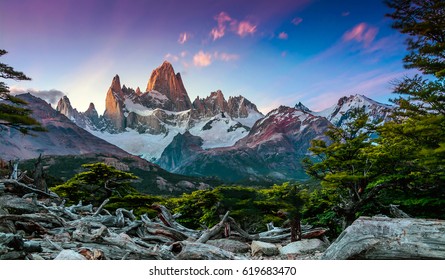 Fitz Roy mountain near El Chalten, in the Southern Patagonia, on the border between Argentina and Chile. Sunset view from track - Shutterstock ID 619683470