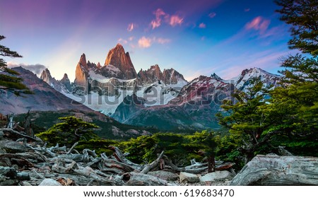 Fitz Roy mountain near El Chalten, in the Southern Patagonia, on the border between Argentina and Chile. Sunset view from track