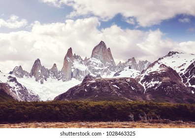 Fitz Roy Mountain Range wilderness, color toned picture, Argentina