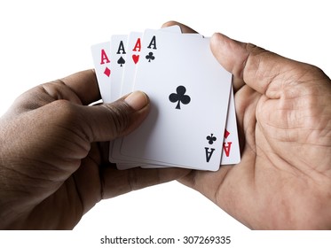 Five aces in hands isolated on white background with clipping path