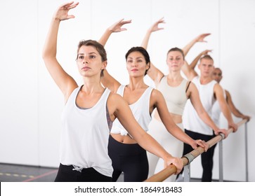 Five aduls people doing exercises on stretching ballet barre
