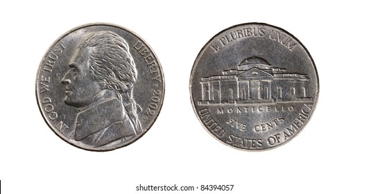 Five American cents (both parties of a coin, on a white background)