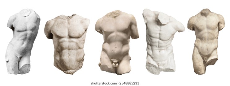 Five ancient male torso sculptures, showcasing muscular forms. Stone torsos highlight classical art, male anatomy, and ancient sculpture techniques. Antique sculptures isolated on white background. - Powered by Shutterstock