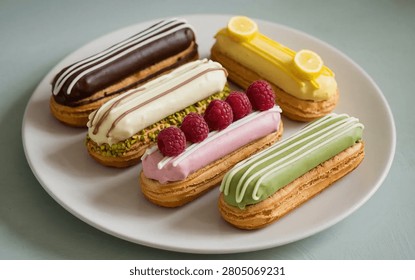 Five assorted eclairs, glazed in various colors with decorative stripes and fresh fruit or nuts, are neatly arranged on a white round plate against a light blue background.