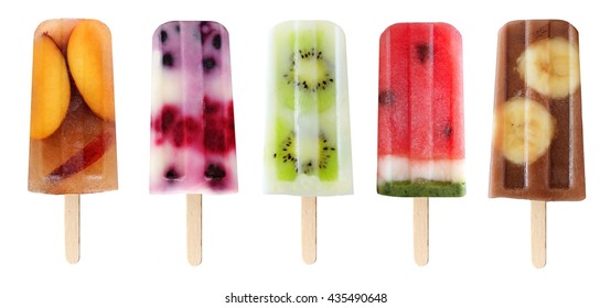 Five assorted fruit popsicles isolated on a white background